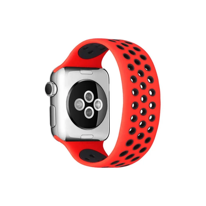 Mey İthalat®  Apple Watch 38mm Ayarlı Delikli Silikon Kordon - Kırmızı-Siyah