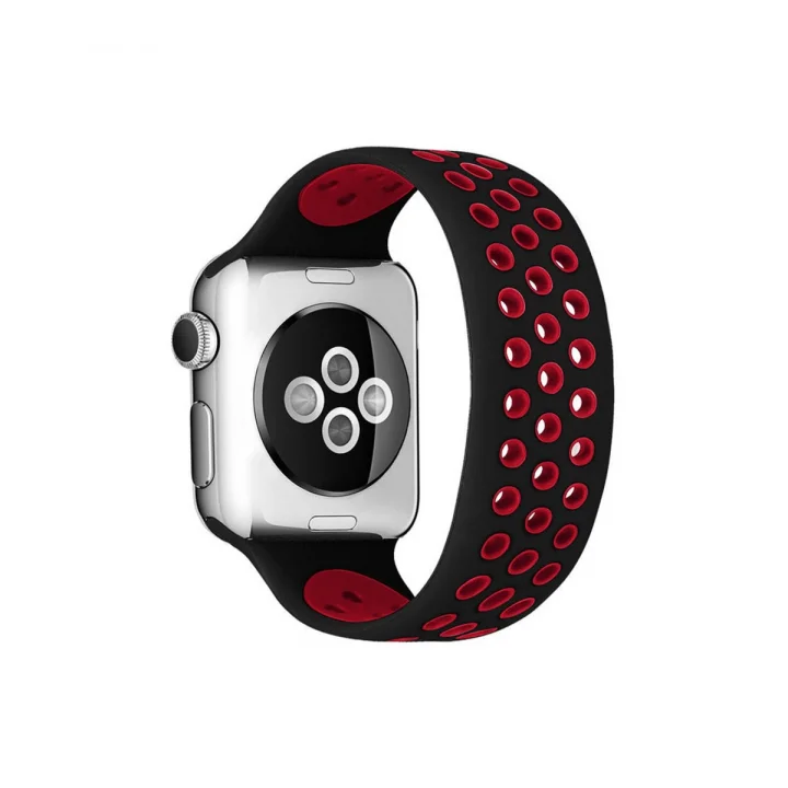 Mey İthalat®  Apple Watch 38mm Ayarlı Delikli Silikon Kordon - Siyah-Kırmızı