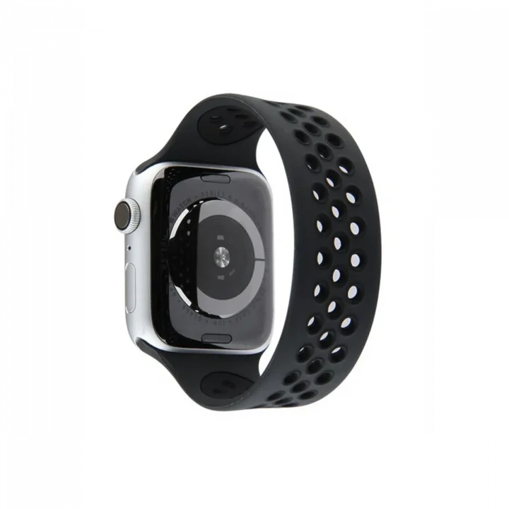 Mey İthalat®  Apple Watch 38mm Ayarlı Delikli Silikon Kordon - Siyah-Siyah