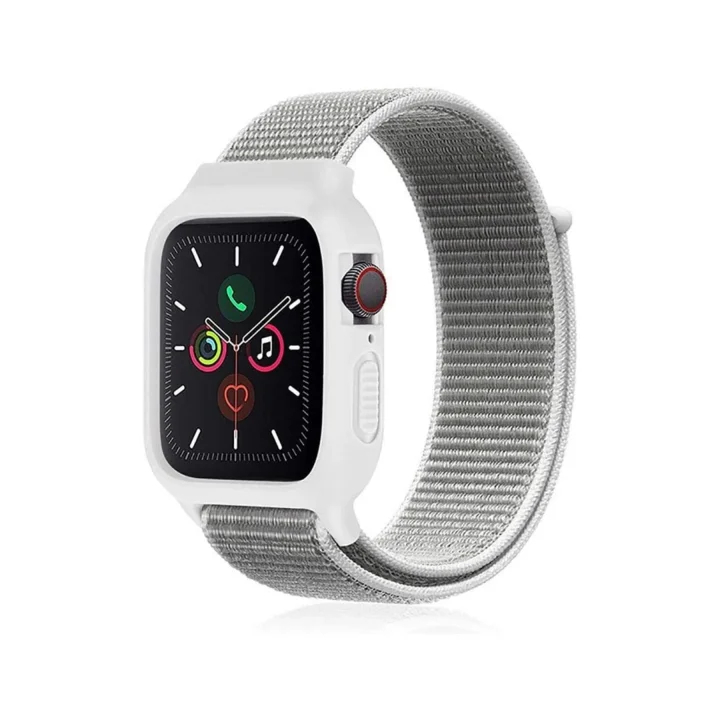 Mey İthalat®  Apple Watch 38mm Hasırlı Cırtcırtlı Kasalı Kordon - Beyaz
