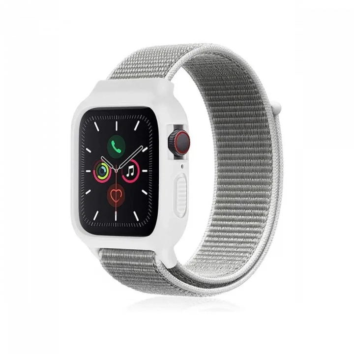 Mey İthalat®  Apple Watch 38mm Hasırlı Cırtcırtlı Kasalı Kordon - Beyaz
