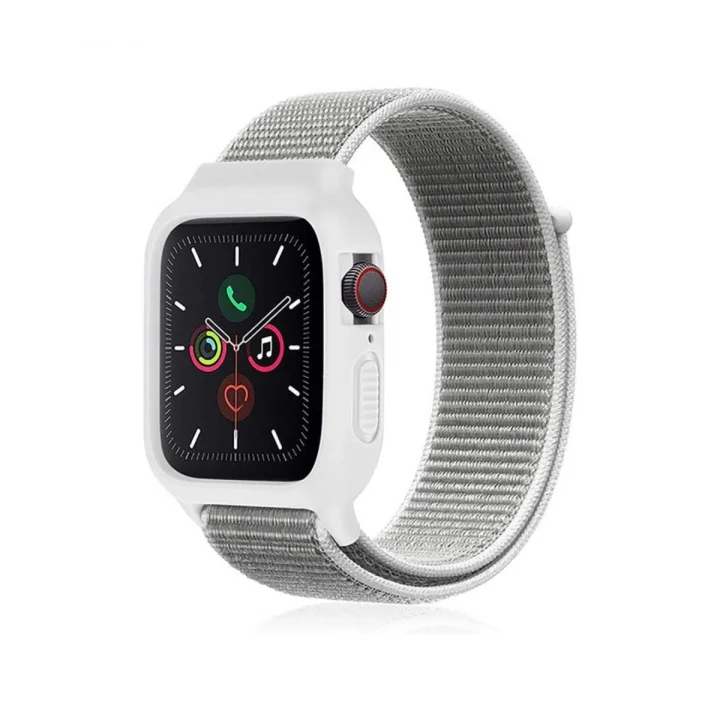 Mey İthalat®  Apple Watch 38mm Hasırlı Cırtcırtlı Kasalı Kordon - Beyaz