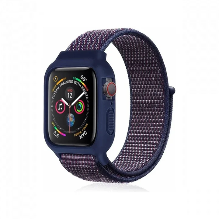 Mey İthalat®  Apple Watch 38mm Hasırlı Cırtcırtlı Kasalı Kordon - Lacivert-Mürdüm