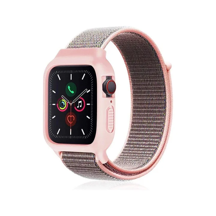 Mey İthalat®  Apple Watch 38mm Hasırlı Cırtcırtlı Kasalı Kordon - Pembe