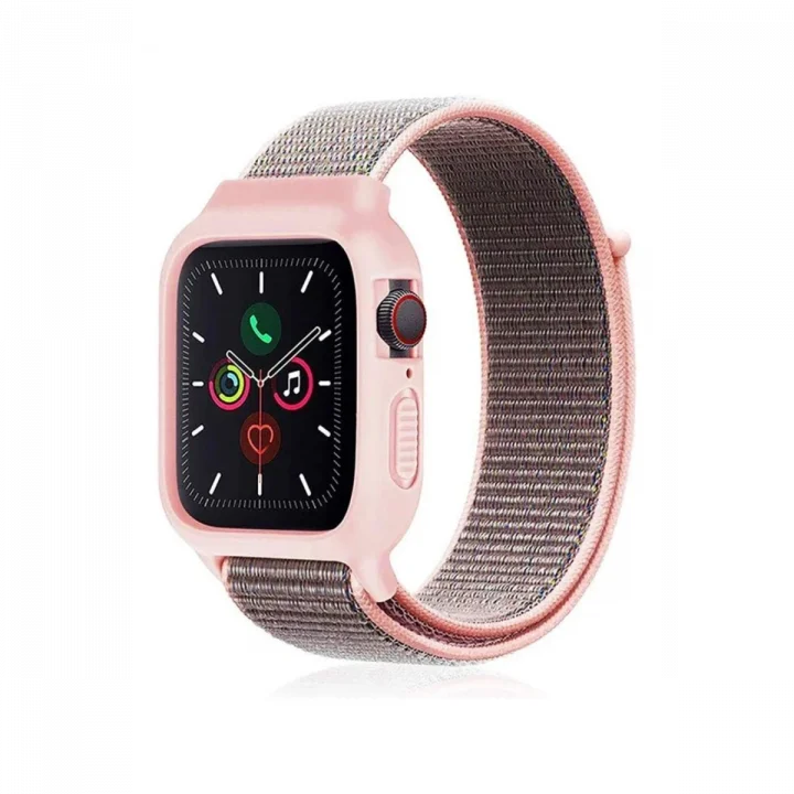 Mey İthalat®  Apple Watch 38mm Hasırlı Cırtcırtlı Kasalı Kordon - Pembe