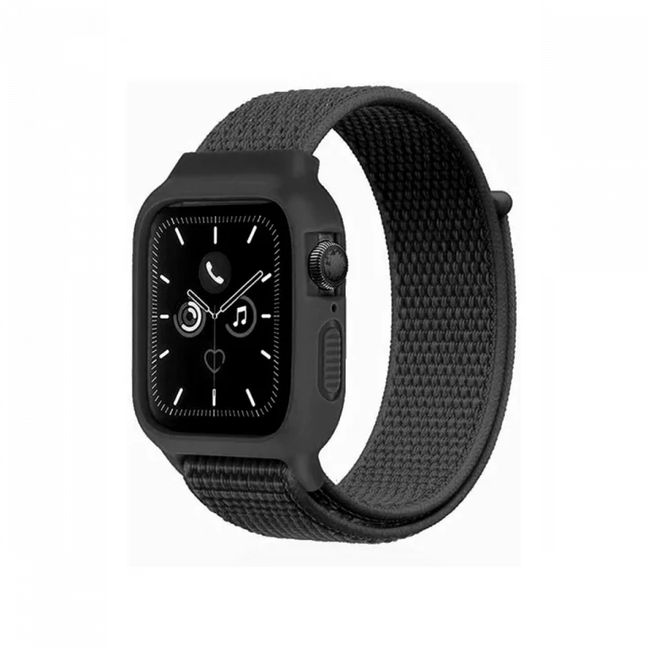 Mey İthalat®  Apple Watch 38mm Hasırlı Cırtcırtlı Kasalı Kordon - Siyah