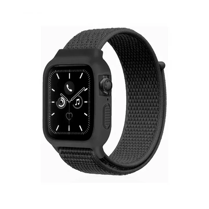 Mey İthalat®  Apple Watch 38mm Hasırlı Cırtcırtlı Kasalı Kordon - Siyah