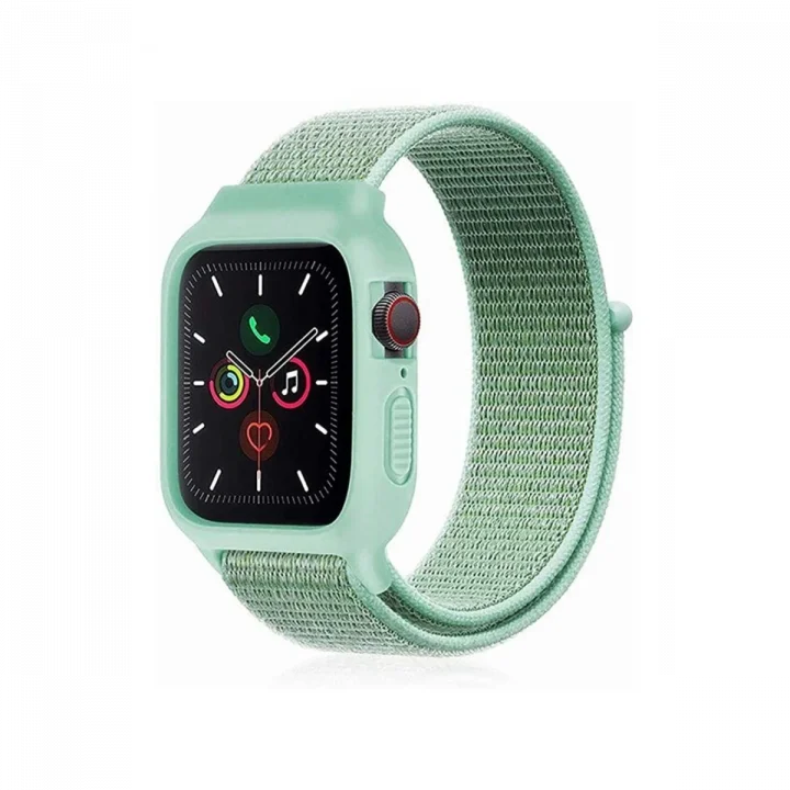 Mey İthalat®  Apple Watch 38mm Hasırlı Cırtcırtlı Kasalı Kordon - Turkuaz