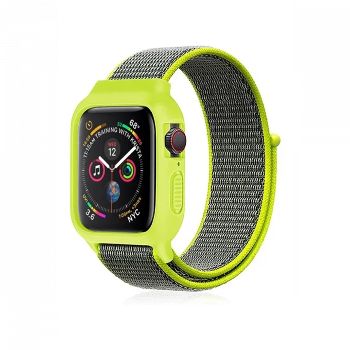 Mey İthalat®  Apple Watch 38mm Hasırlı Cırtcırtlı Kasalı Kordon - Yeşil