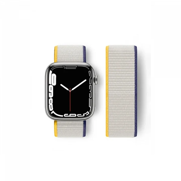 Mey İthalat®  Apple Watch 38mm Hasırlı Cırtcırtlı Kordon - Sarı-Beyaz