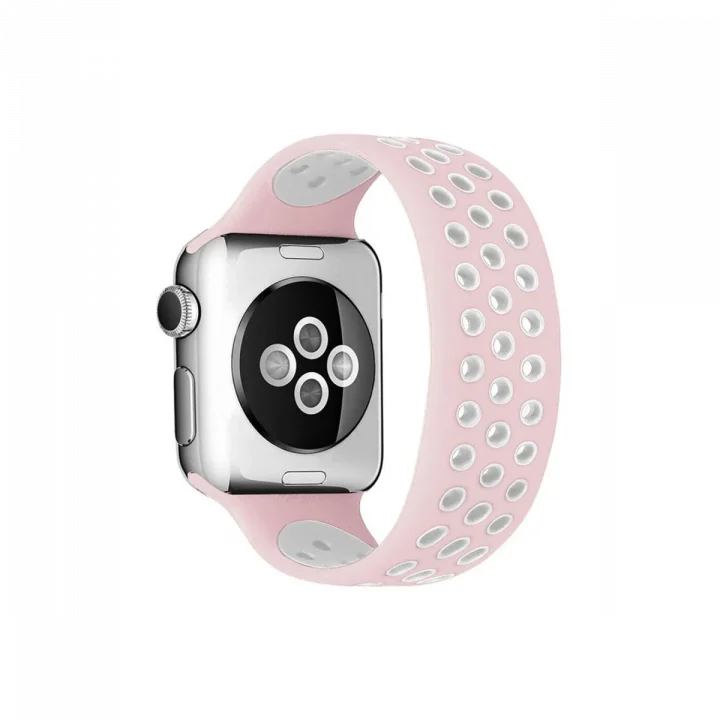 Mey İthalat®  Apple Watch 42mm Ayarlı Delikli Silikon Kordon - Pembe-Beyaz