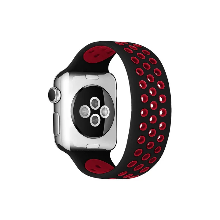 Mey İthalat®  Apple Watch 42mm Ayarlı Delikli Silikon Kordon - Siyah-Kırmızı