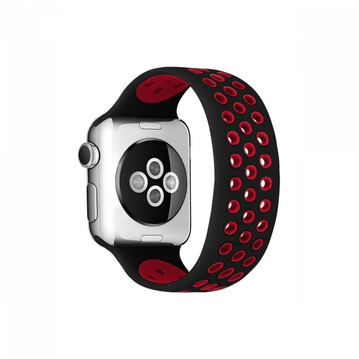 Mey İthalat®  Apple Watch 42mm Ayarlı Delikli Silikon Kordon - Siyah-Kırmızı