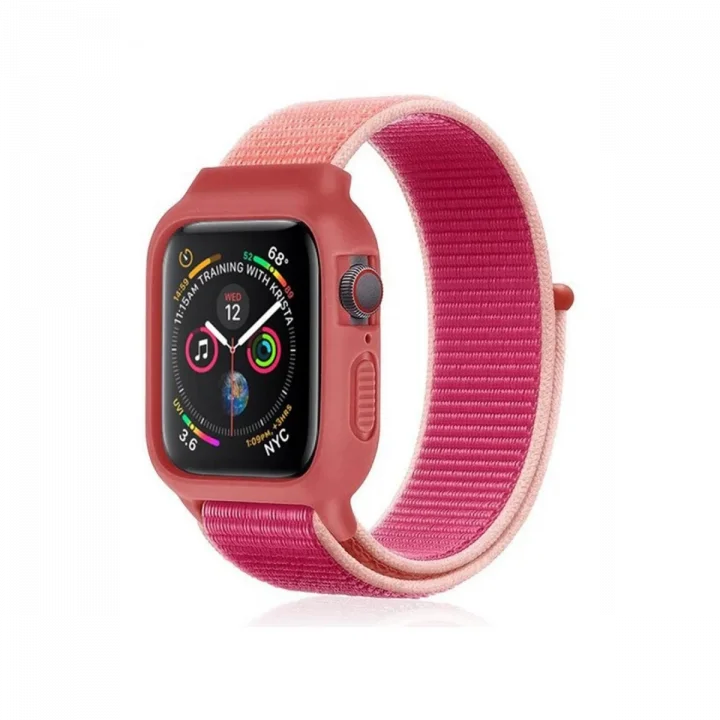 Mey İthalat®  Apple Watch 42mm Hasırlı Cırtcırtlı Kasalı Kordon - Pudra