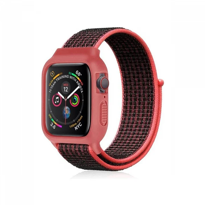 Mey İthalat®  Apple Watch 42mm Hasırlı Cırtcırtlı Kasalı Kordon - Siyah-Pembe