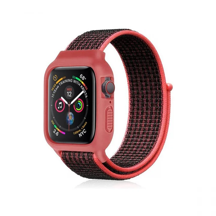 Mey İthalat®  Apple Watch 42mm Hasırlı Cırtcırtlı Kasalı Kordon - Siyah-Pembe