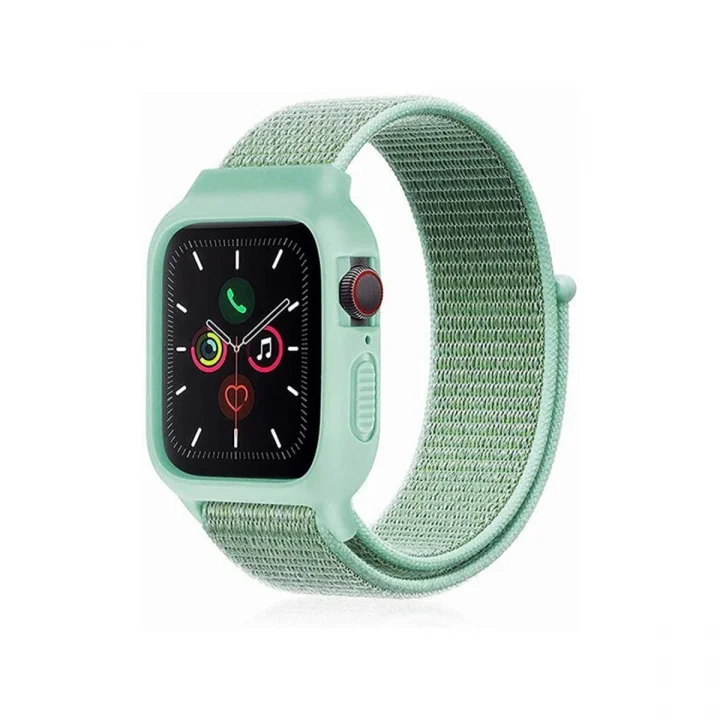 Mey İthalat®  Apple Watch 42mm Hasırlı Cırtcırtlı Kasalı Kordon - Turkuaz