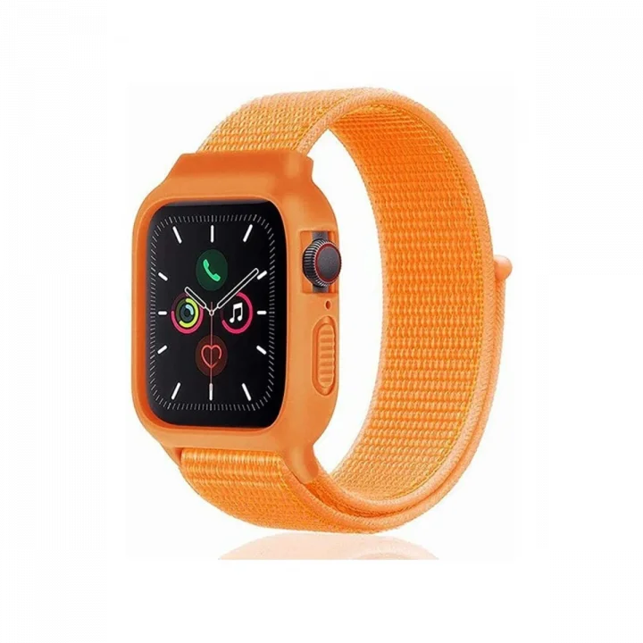 Mey İthalat®  Apple Watch 42mm Hasırlı Cırtcırtlı Kasalı Kordon - Turuncu