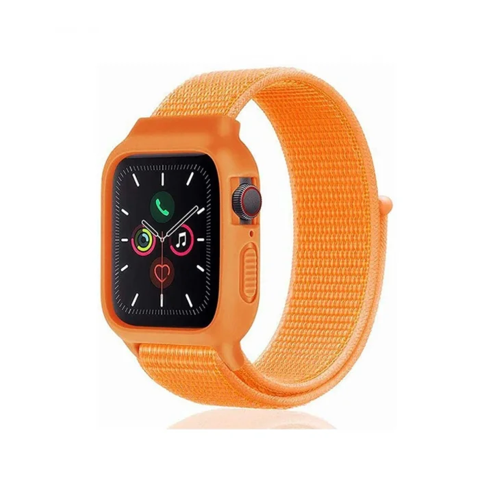 Mey İthalat®  Apple Watch 42mm Hasırlı Cırtcırtlı Kasalı Kordon - Turuncu
