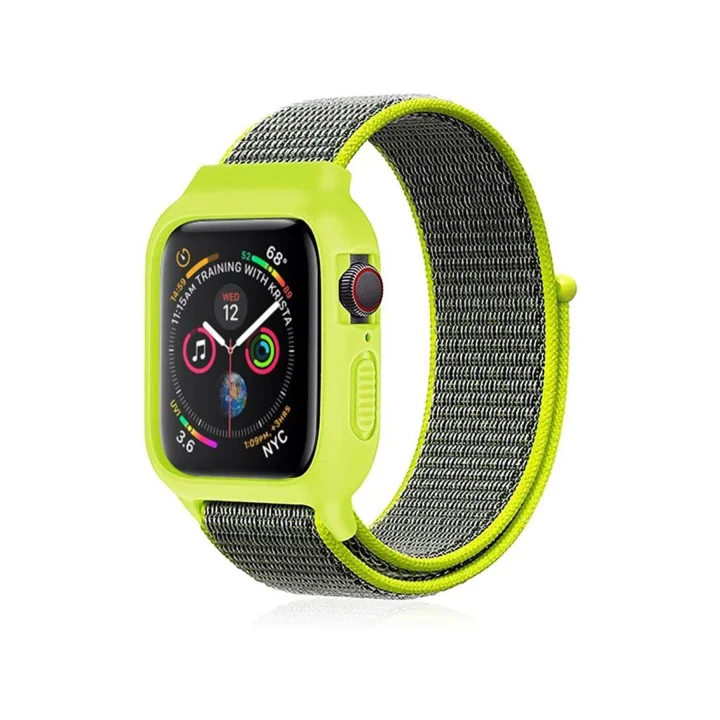 Mey İthalat®  Apple Watch 42mm Hasırlı Cırtcırtlı Kasalı Kordon - Yeşil