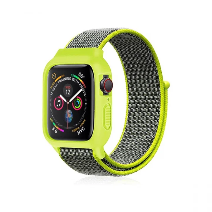 Mey İthalat®  Apple Watch 42mm Hasırlı Cırtcırtlı Kasalı Kordon - Yeşil