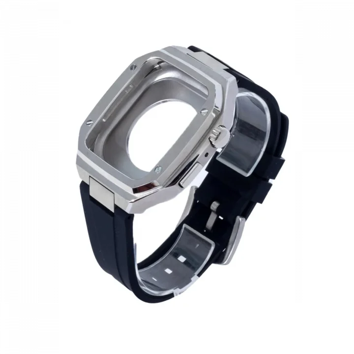 Mey İthalat®  Apple Watch 44mm KR402 Metal Kasa Silikon Kordon - Gümüş