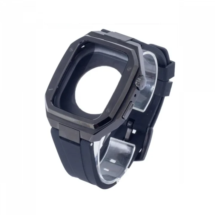 Mey İthalat®  Apple Watch 45mm KR402 Metal Kasa Silikon Kordon - Siyah