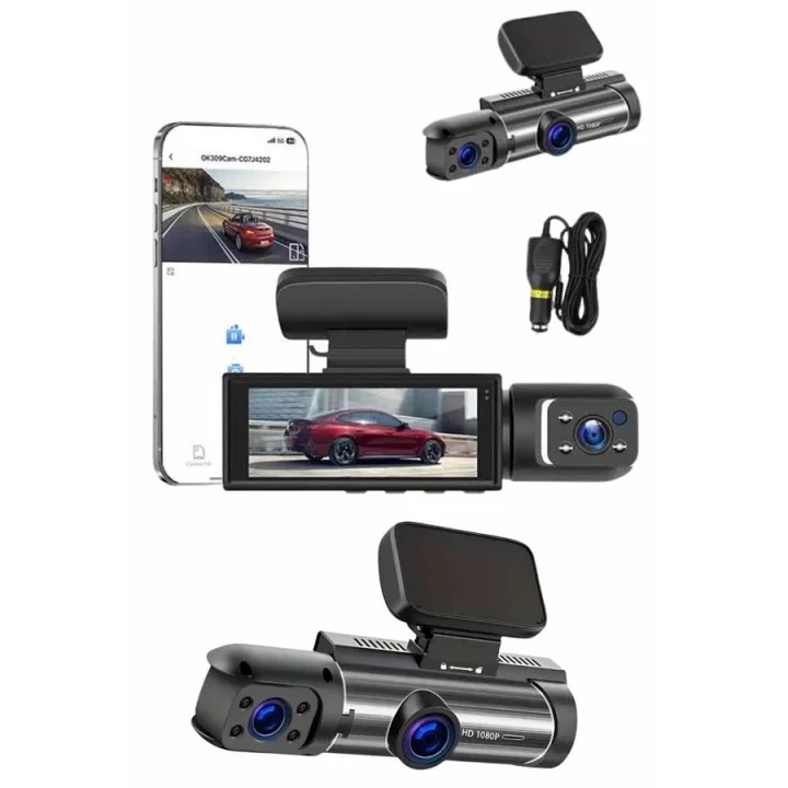 Mey İthalat® Araç Kamerası Black Box Çift Kameralı Ekranlı Full HD Sürüş Kamerası