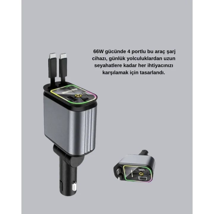 Mey İthalat® Araç Şarj Adaptörü 66W PD QC Hızlı Şarjlı ve Çekilebilir Kablolu