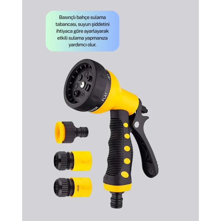 Mey İthalat® Ayarlanabilir Basınçlı 8 Modlu Bahçe Sulama Tabancası Hortum Aparatı