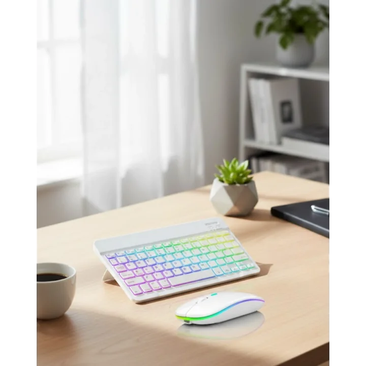 Mey İthalat® Aydınlatmalı Kablosuz Klavye Mouse Seti Bluetooth Bağlantılı Çoklu Cihaz Uyumlu