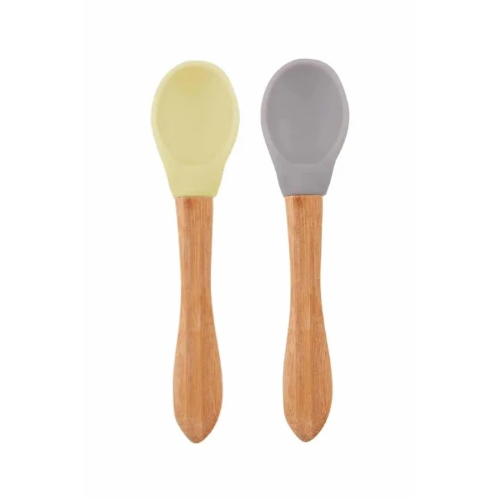 Mey İthalat®   Bambu Saplı Silikon Mama Kaşığı 2li Mellow Yellow / Powder Grey