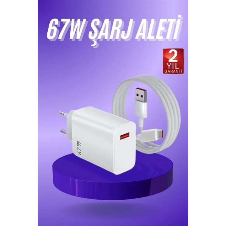 Mey İthalat® Beyaz Ultra Plus Hızlı Şarj Seti Şarj Adaptörü ve Kablosu 67W