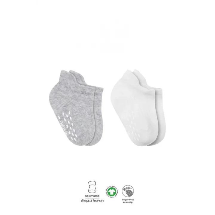 Mey İthalat®   2Li Sneakers Kaymaz Basic Penye Çorap 20103 Gri Beyaz