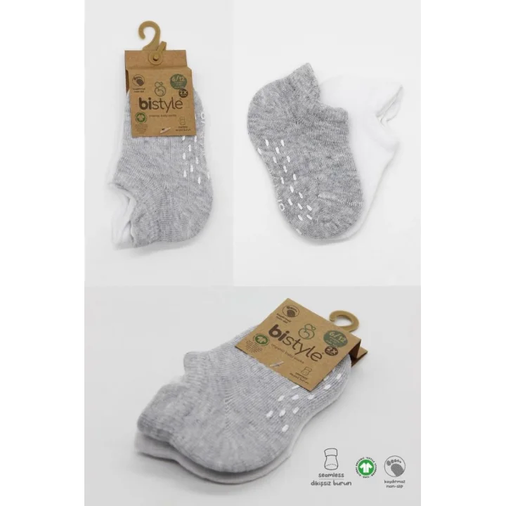 Mey İthalat®   2Li Sneakers Kaymaz Basic Penye Çorap 20103 Gri Beyaz