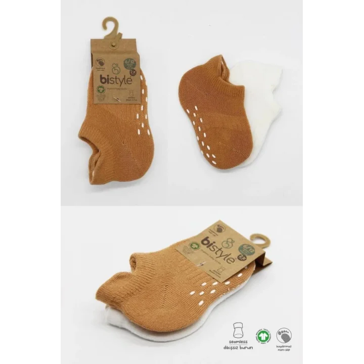 Mey İthalat®   2Li Sneakers Kaymaz Colours Penye Çorap 20104 Ekru Hardal