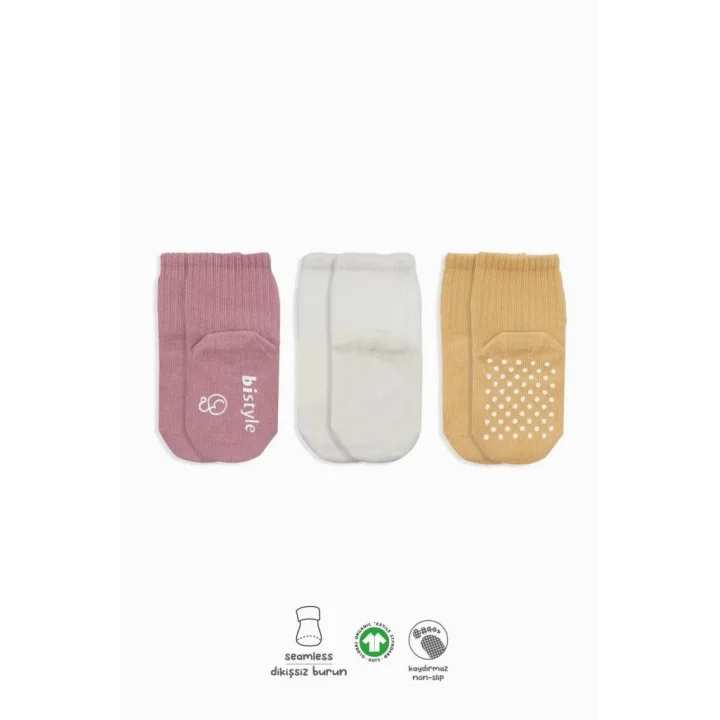 Mey İthalat®   Basic Kaymaz Penye Soket Çorap 3Lü BS10107 Pudra Ekru Somon