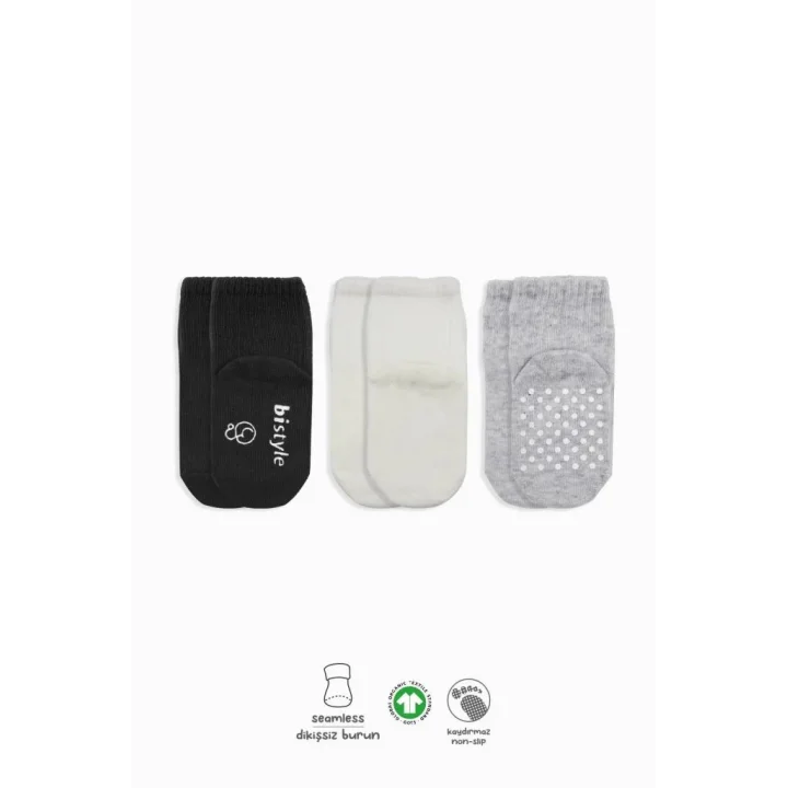 Mey İthalat®   3Lü Basic Kaymaz Penye Soket Çorap 10107 Siyah Ekru Gri