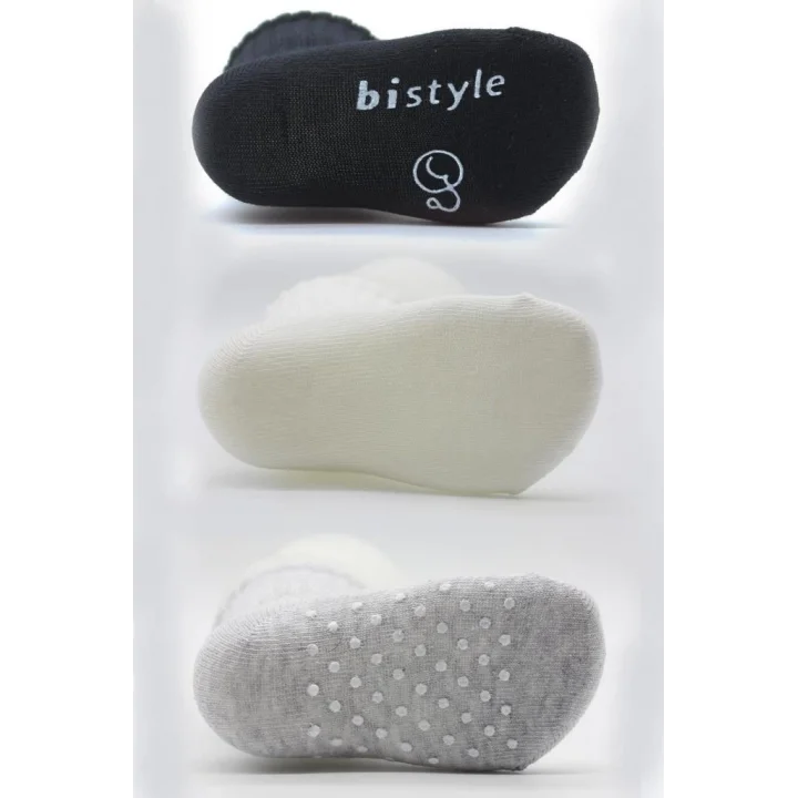 Mey İthalat®   3Lü Basic Kaymaz Penye Soket Çorap 10107 Siyah Ekru Gri