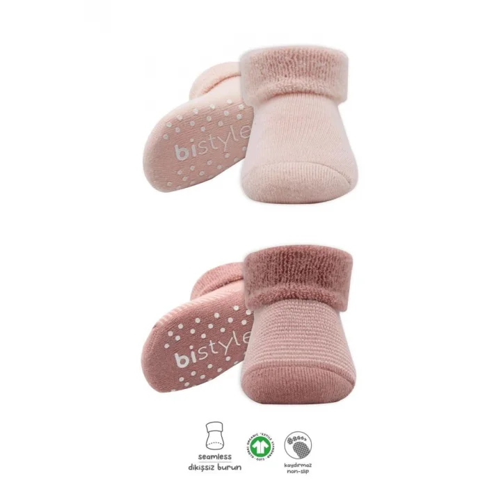 Mey İthalat®   2Li Çemberli Kaymaz Havlu Soket Çorap 10503 Pudra Pembe