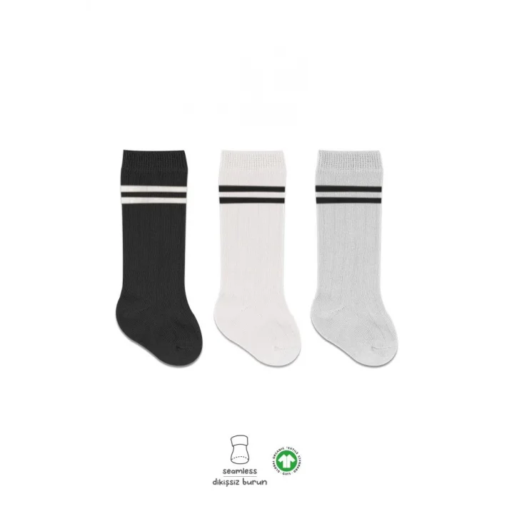 Mey İthalat®   Derby Dizaltı Çorap 3Lü BS40101 Siyah Ekru Gri Çemberli