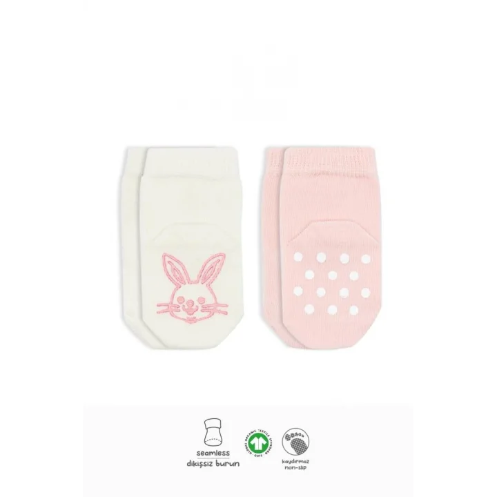 Mey İthalat®   2Li Hayvan Figürlü Kaymaz Soket Çorap 10104 Pembe Ekru