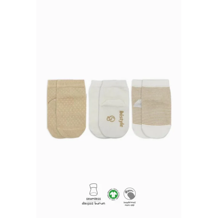 Mey İthalat®  Puanlı Kaymaz Penye Soket Çorap 3Lü BS10108 Bej