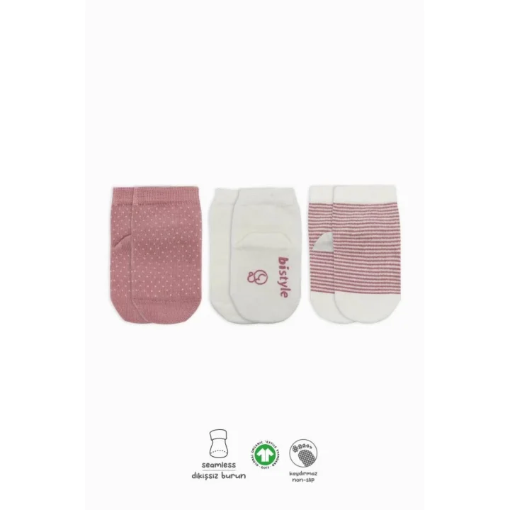 Mey İthalat®  Puanlı Kaymaz Penye Soket Çorap 3Lü BS10108 Pudra
