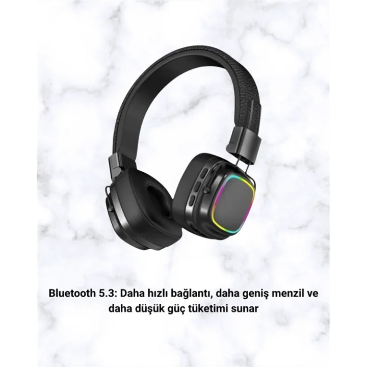 Mey İthalat® Bluetooth 5.3 Rainbow Işıklı Kulak Üstü Kablosuz Kulaklık