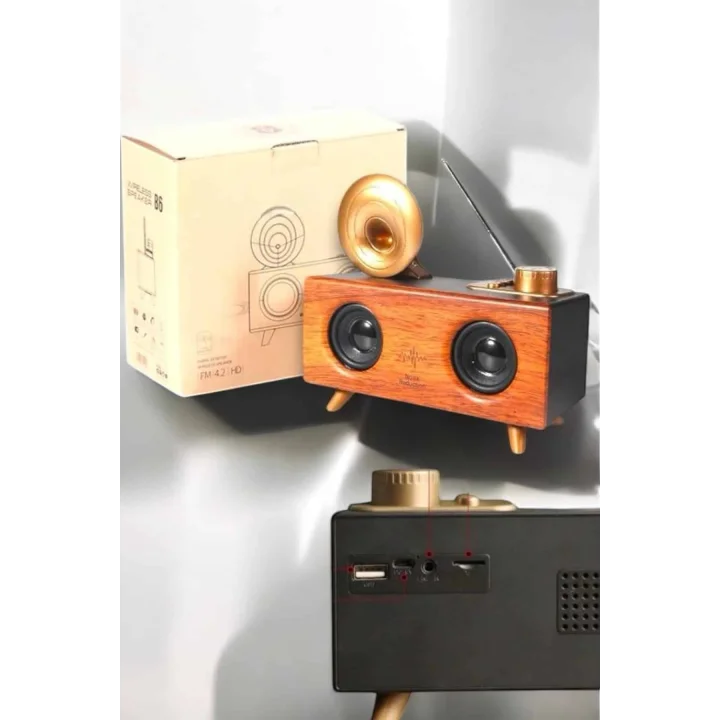 Mey İthalat® Bluetooth Hoparlör Ahşap Klasik Retro Gramofon Bluetooth Müzik Kutusu