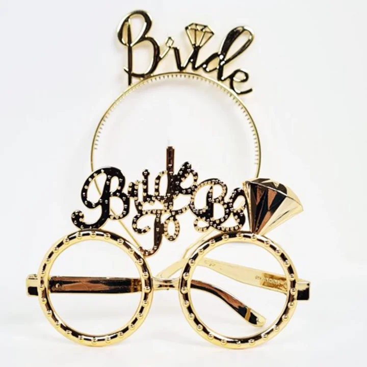 Mey İthalat® Bride Yazılı Taç ve Bride To Be Yazılı Gözlü Seti Altın Renk