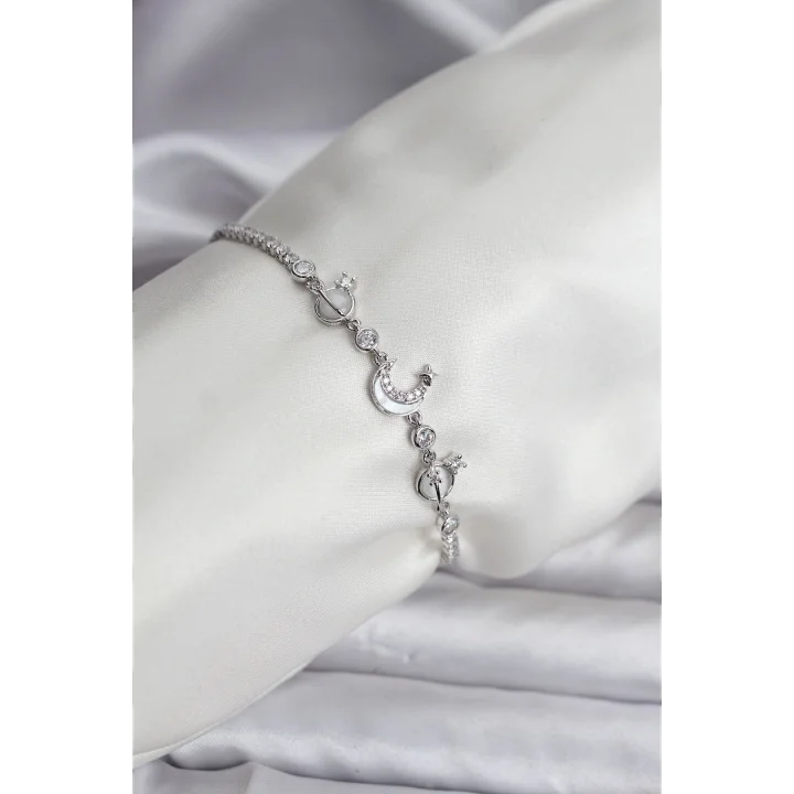 Mey İthalat® Charmlı Model Zirkon Taşlı Gümüş Renk Su Yolu Kadın Bileklik