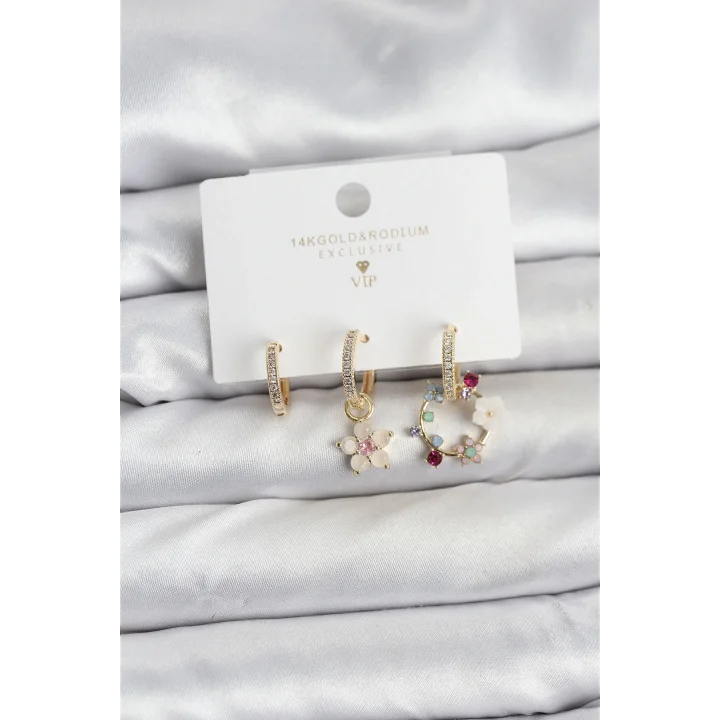 Mey İthalat® Çiçek Model Gold Renk Pirinç 3lü Kadın Küpe Seti