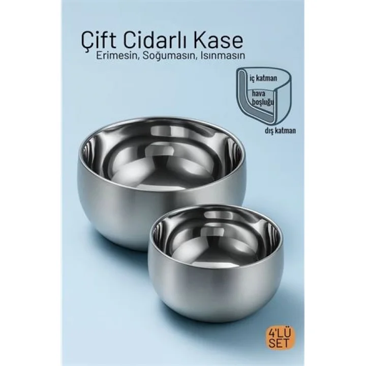 Mey İthalat® Çift Cidarlı Isı Yalıtımlı 4lü Lüks Kase Seti (16cm & 18cm) Premium 304 Paslanmaz Çelik